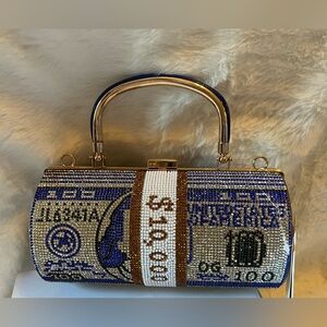 Crystal-Embellished Blue and Gold Novelty Money Roll Clutch
